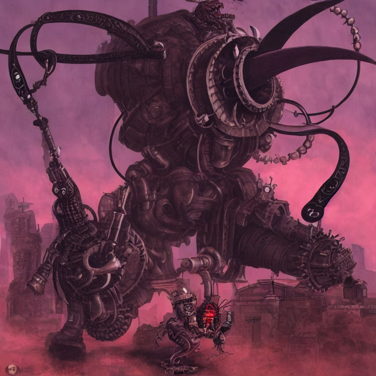 Gigantic octopus-like mech with tentacles and weapons in dystopian cityscape