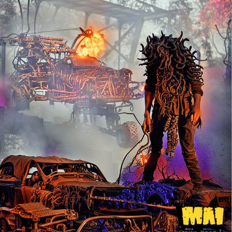 Elaborate costume among wrecked cars with flame-throwing contraption in purple haze