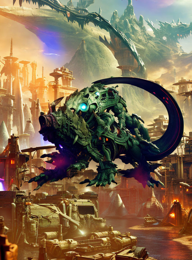 Mechanical dragon with glowing eyes in futuristic cityscape at dusk