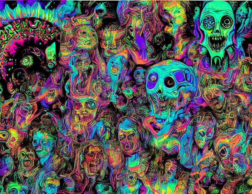 Colorful Psychedelic Artwork Featuring Interwoven Faces and Skulls