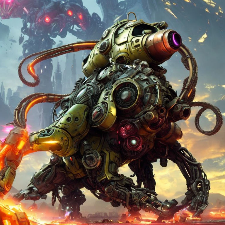 Giant robotic octopus with glowing red eyes in dystopian setting