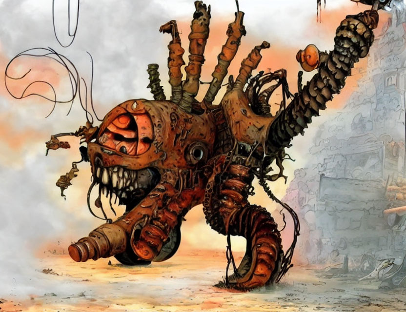 Steampunk-style mechanical octopus with gears and tubing in dystopian setting