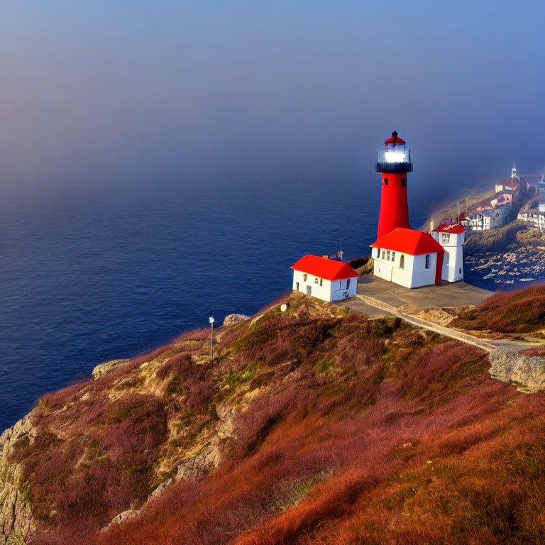 Red and White Lighthouse on Cliff with Foggy Horizon and Red-Tinted Vegetation