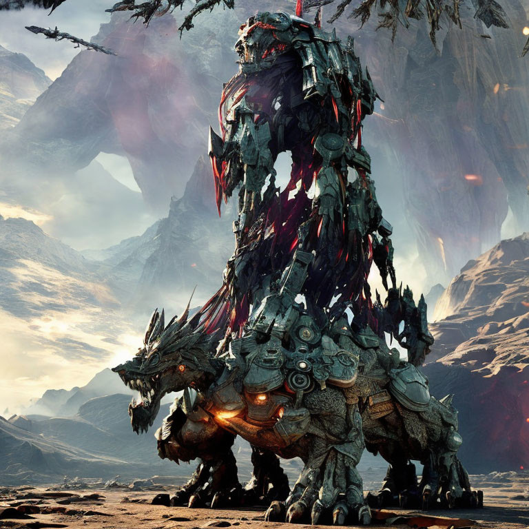 Glowing-eyed mechanical dragon in rocky landscape with red cloth and armor.