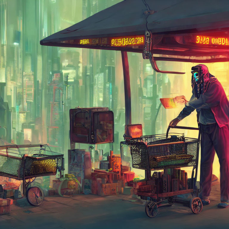 Figure in red cloak pours hot drink in futuristic urban setting