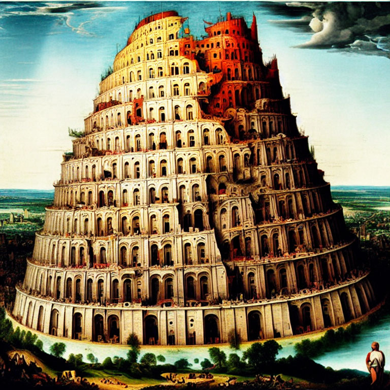 Circular Tower of Babel in Pastoral Landscape