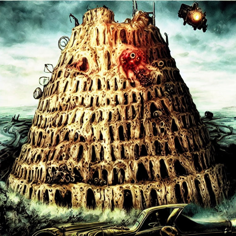 Dystopian illustration: Hive-like tower with skulls, desolate landscape, and floating orbs