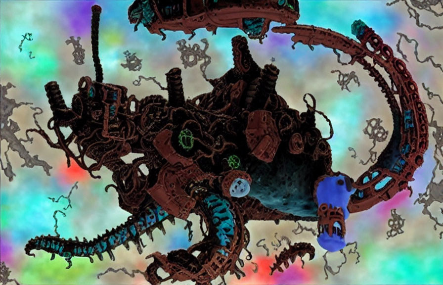 Steampunk-style mechanical creature on mottled blue and red background