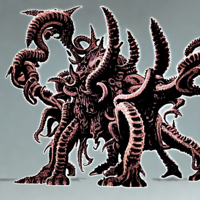 Dark creature with twisted horns and tentacles on light background