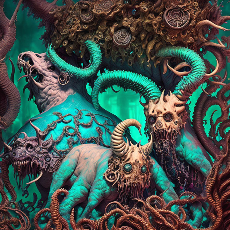 Fantastical creatures with spiral horns and multiple eyes in a surreal setting