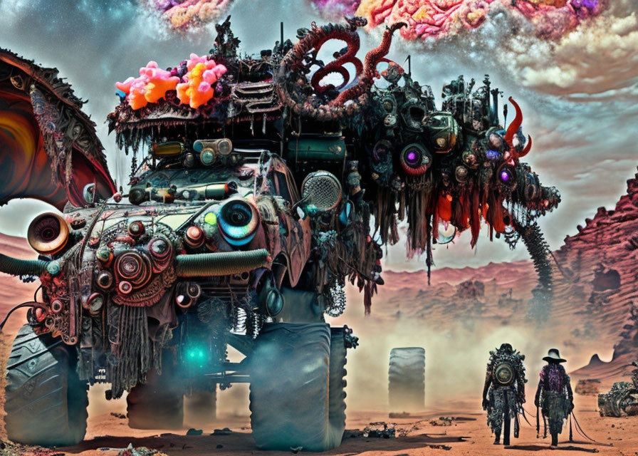 Fantastical vehicle with artifacts and figures in elaborate costumes in desert landscape