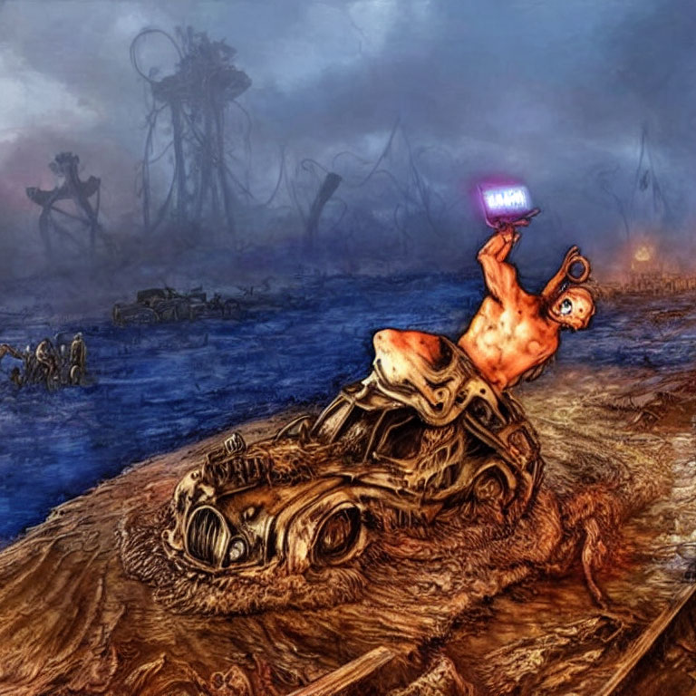 Surreal illustration of humanoid figure on tortoise-like carapace in wasteland