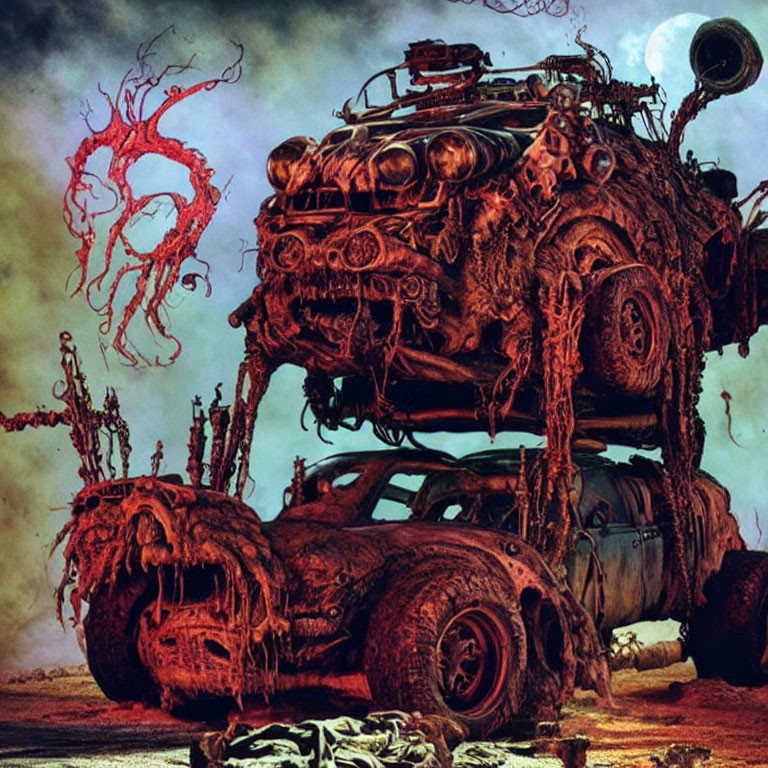 Modified car with oversized tires in dystopian landscape with eerie red tentacles