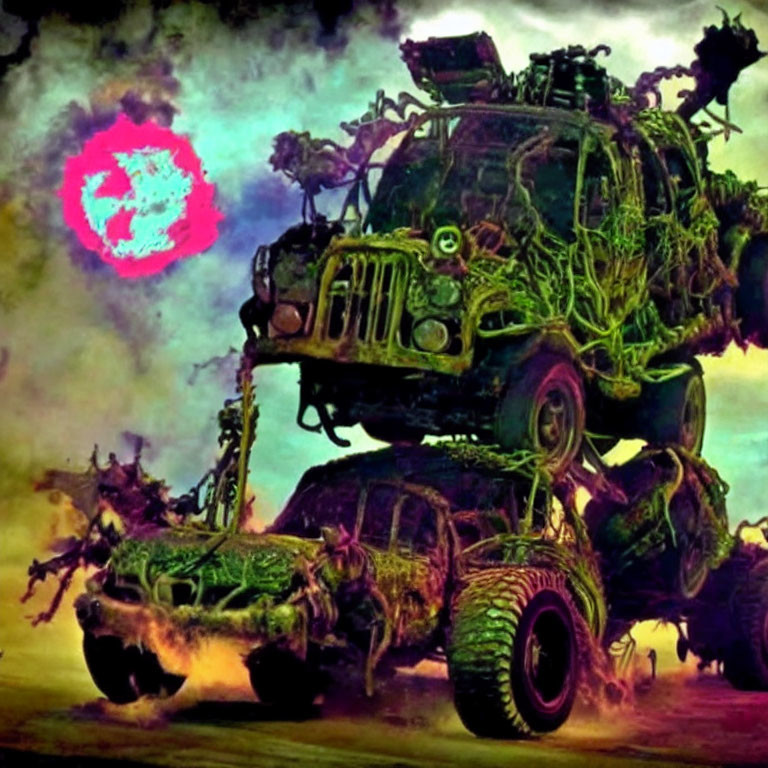 Post-apocalyptic scene with overgrown vehicle and glowing symbol in sky