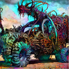 Intricate, fantastical vehicle with hybrid organic-machine design in colorful surreal setting