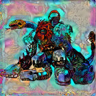 Abstract image with vibrant hues and mechanical-organic fusion