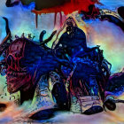 Dark surreal painting of intricate twisted entity with tentacles on colorful backdrop