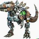 Illustration of dinosaur-like robot with skeletal frame, green eyes, and post-apocalyptic armor.