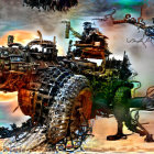 Dystopian landscape with towering robot-like structures in war-torn setting