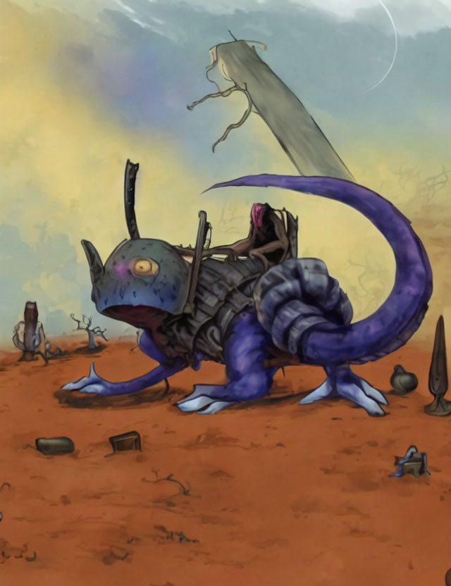 Blue robotic lizard with rider in desert landscape under hazy sky