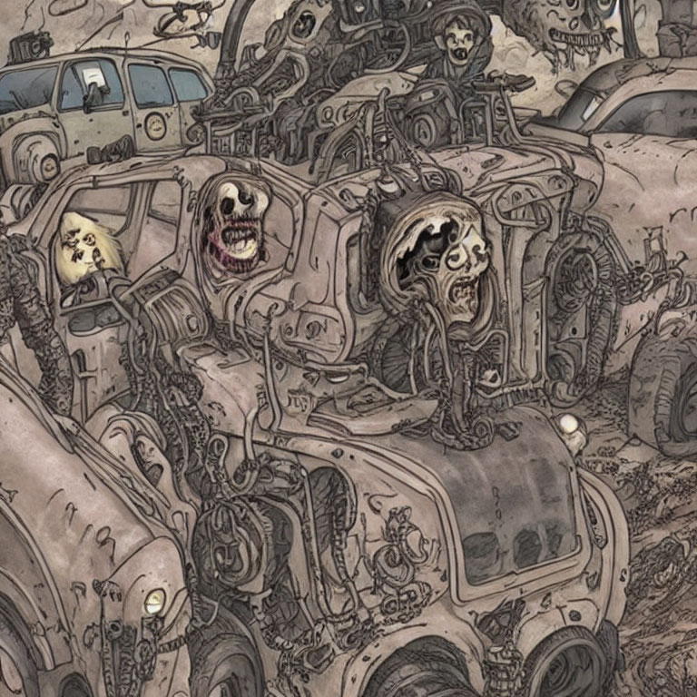 Dystopian scene with skulls, desolate landscape, and decrepit cars