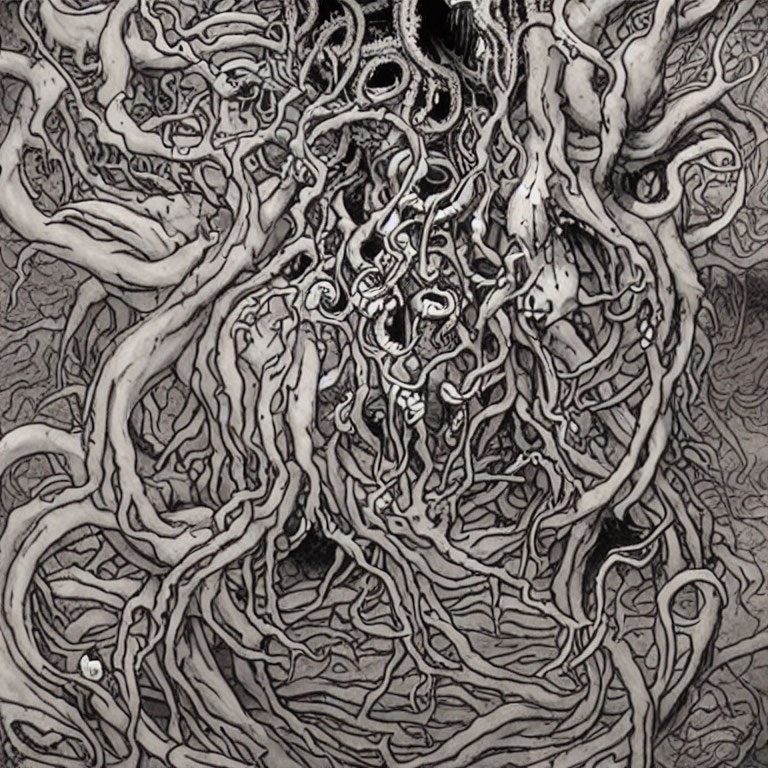 Detailed Black and White Drawing of Entwined Organic Roots