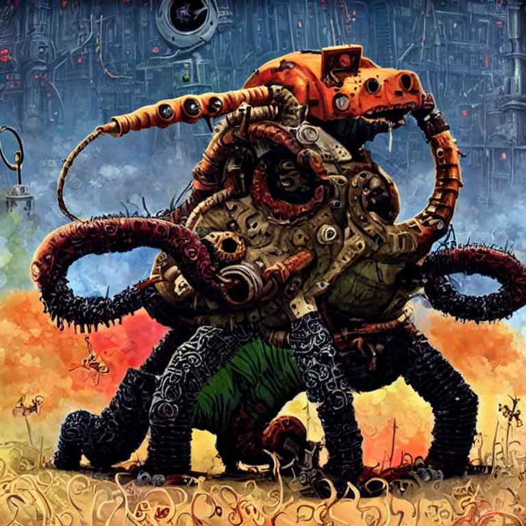 Mechanical octopus with orange head in futuristic scene.