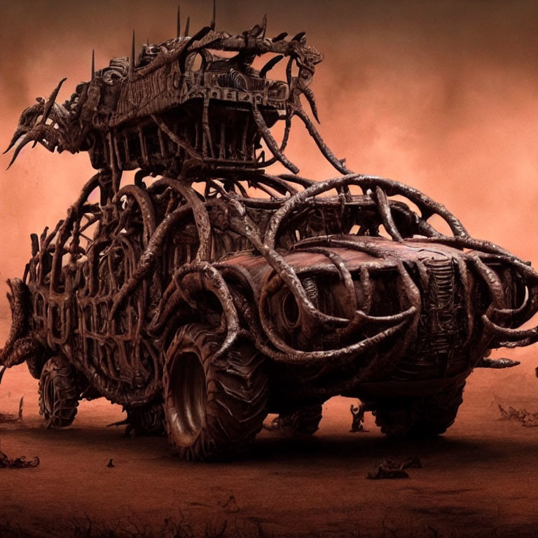 Dystopian vehicle with bone and organic-like textures on barren landscape