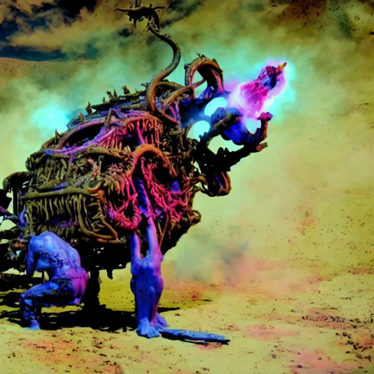 Vibrant surreal artwork: blue creature, organic structure, purple flames