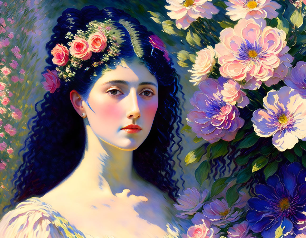 Portrait of Woman with Dark Hair and Roses in Pink Flower Background