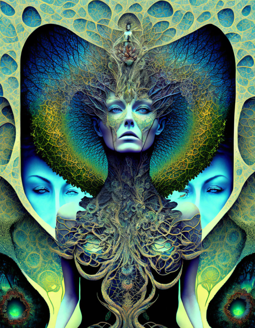 Surreal female figure with tree-like features and fractal patterns in vibrant blue setting