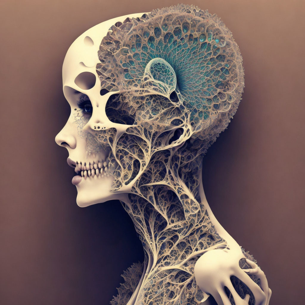 Human profile merging skeletal and tree-like structures symbolizing life and death interconnectedness.