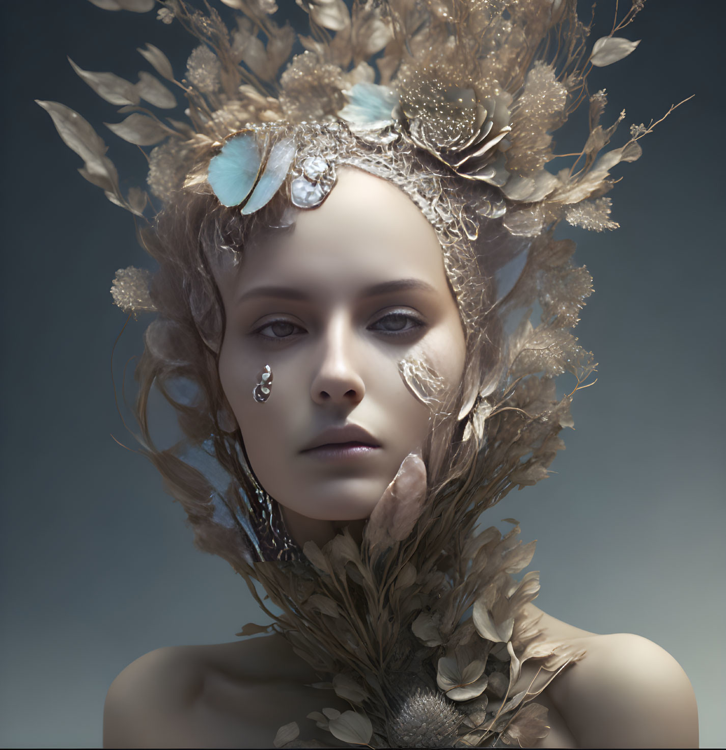 Ethereal woman with feather, flower, and leaf headpiece.