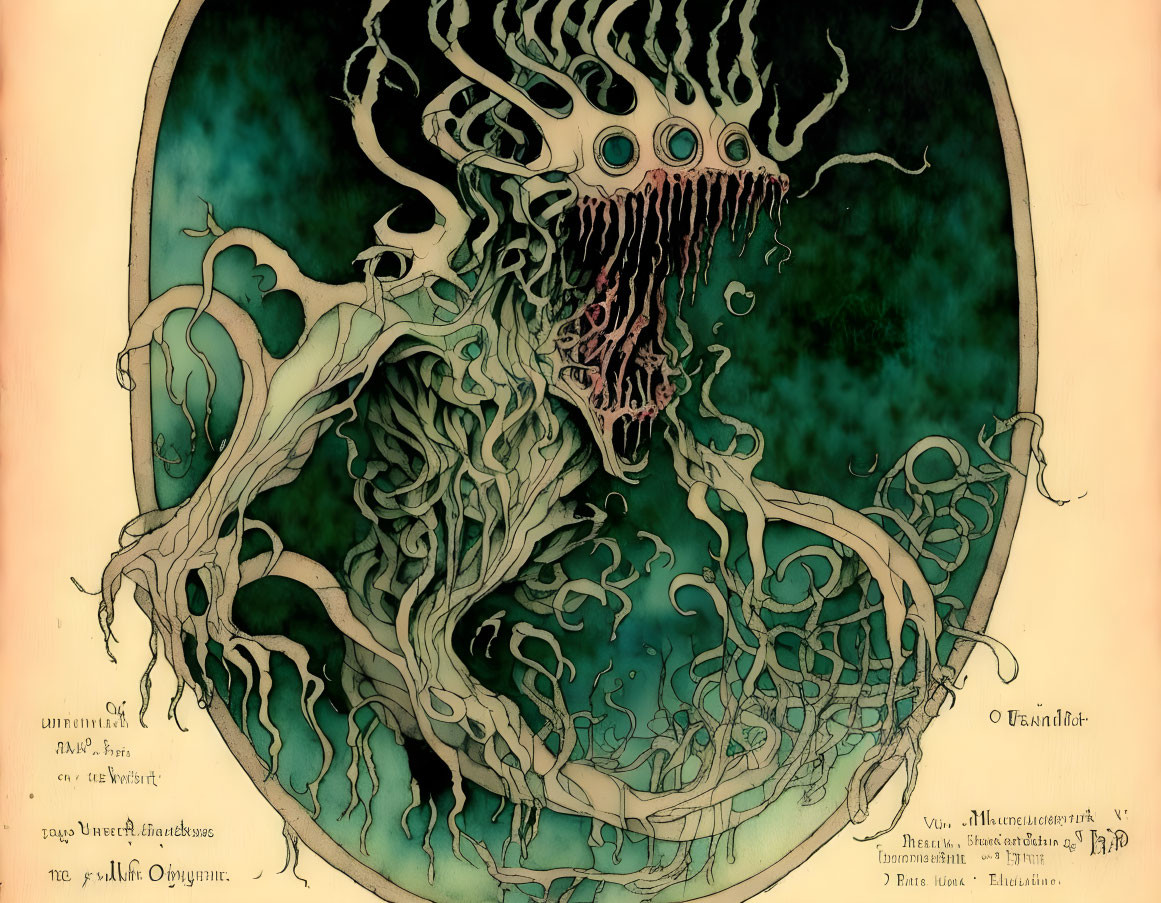 Intricate vintage-style illustration of fantastical tree on teal background