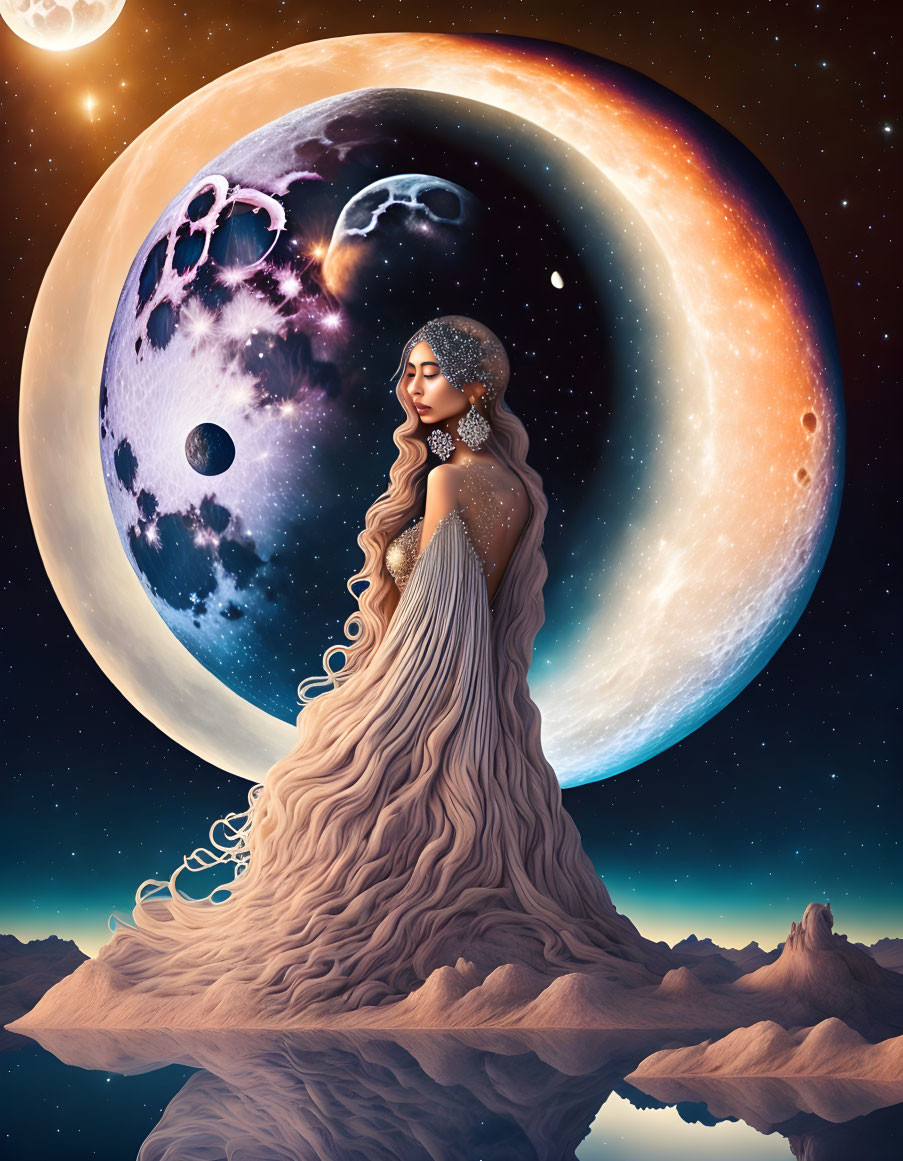 Surreal illustration: Woman in flowing gown merges with desert landscape