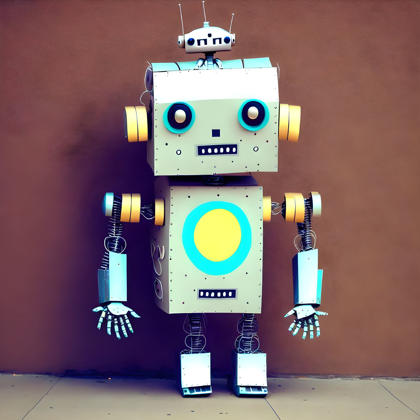 Whimsical humanoid robot with boxy design against brown wall