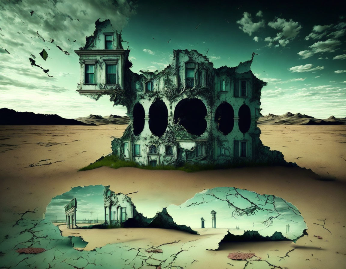 Surreal artwork: Fragmented classical building above barren desert landscape