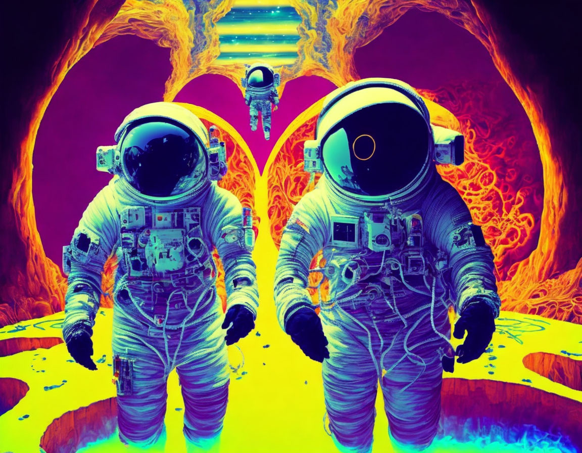 Surreal colorful backdrop with two astronauts holding hands