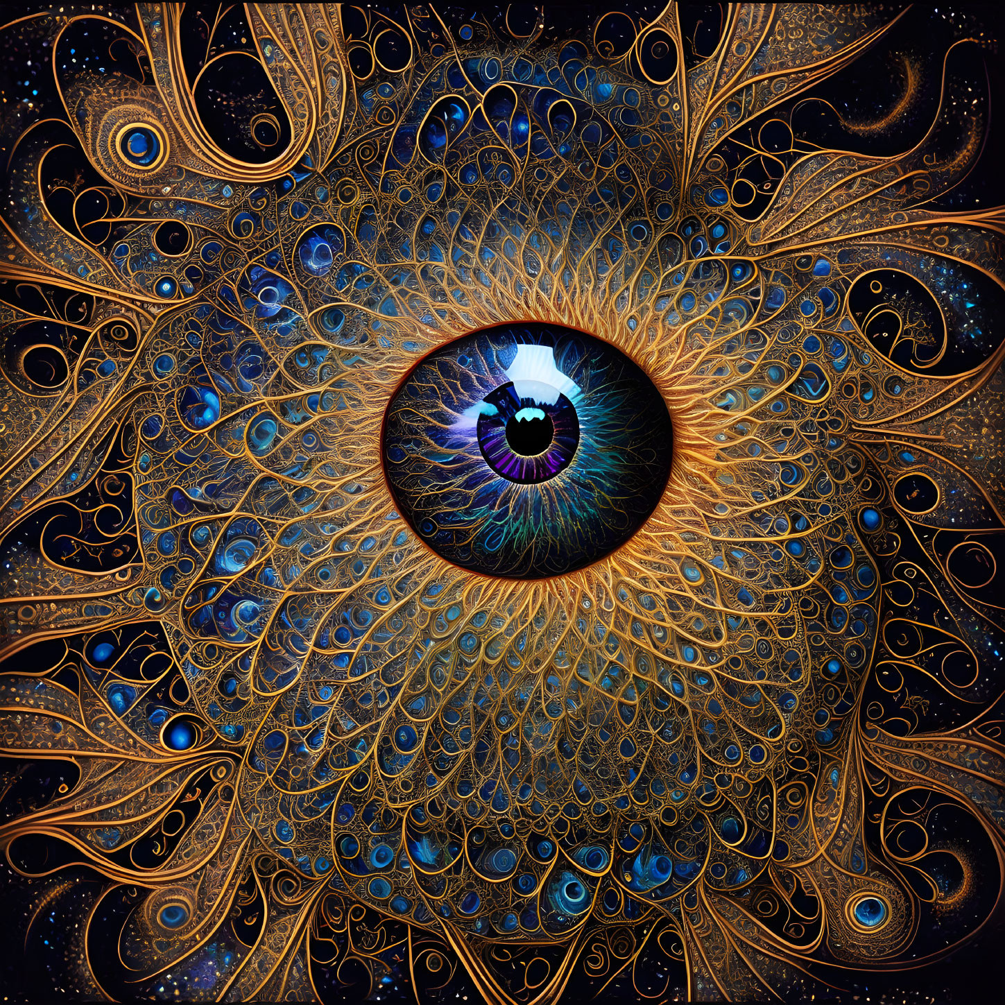 Detailed Eye Artwork with Blue Iris and Golden Peacock Feathers