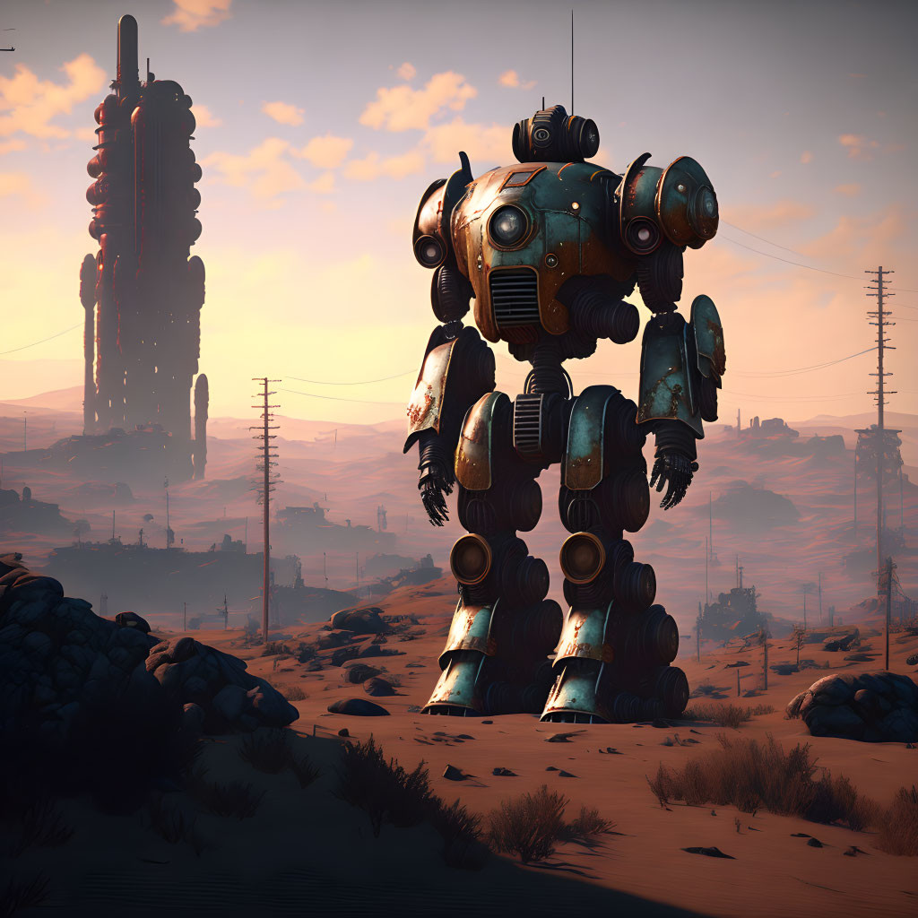 Giant robot in desert with power lines and tall structure