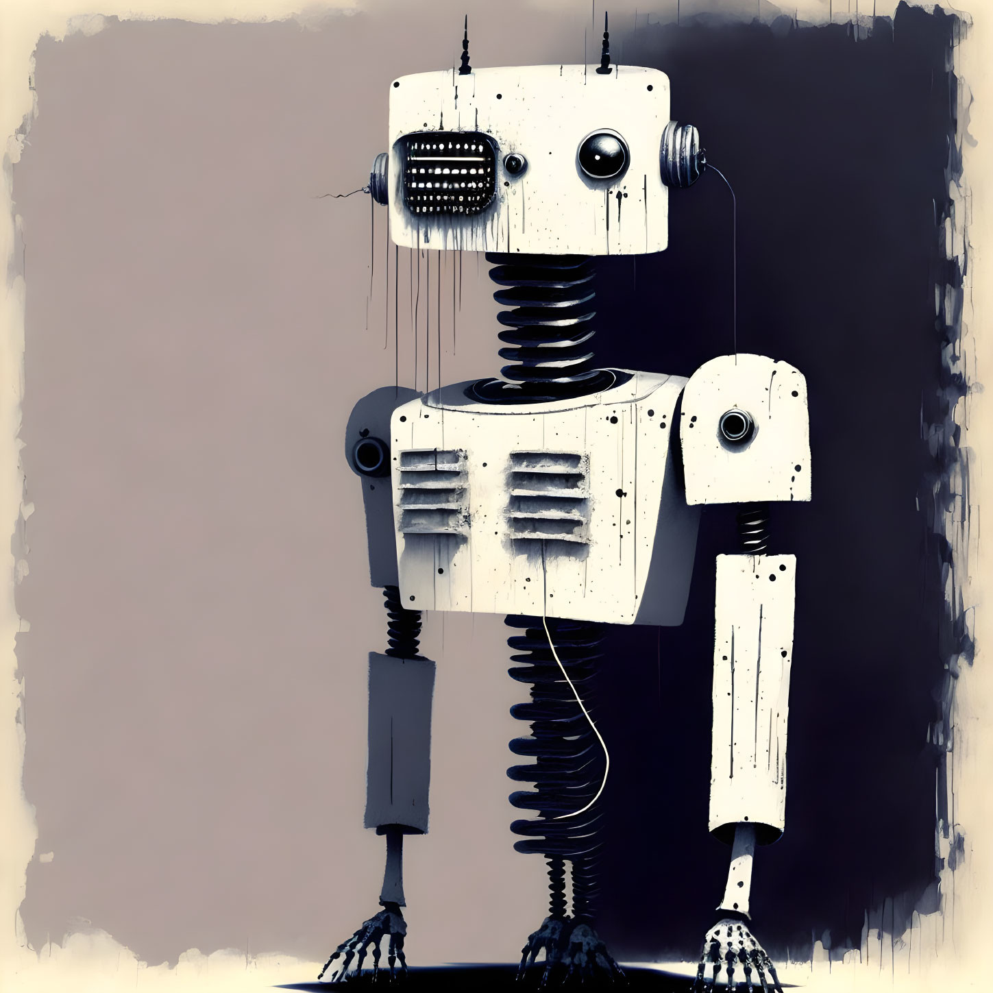 Vintage Style Robot Illustration with Boxed Head and Spring Neck