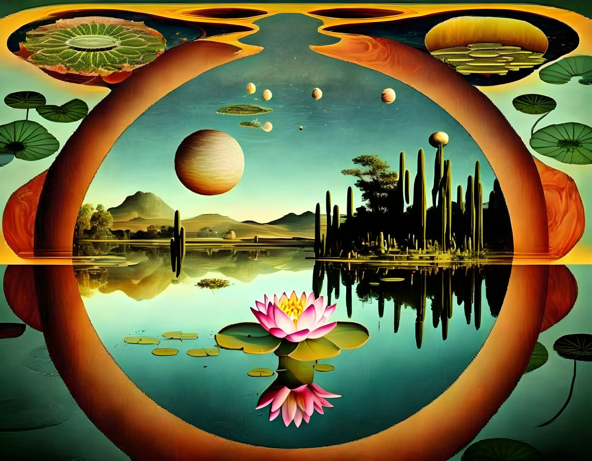 Symmetrical surreal landscape with lake, lotus flowers, trees, and twilight sky