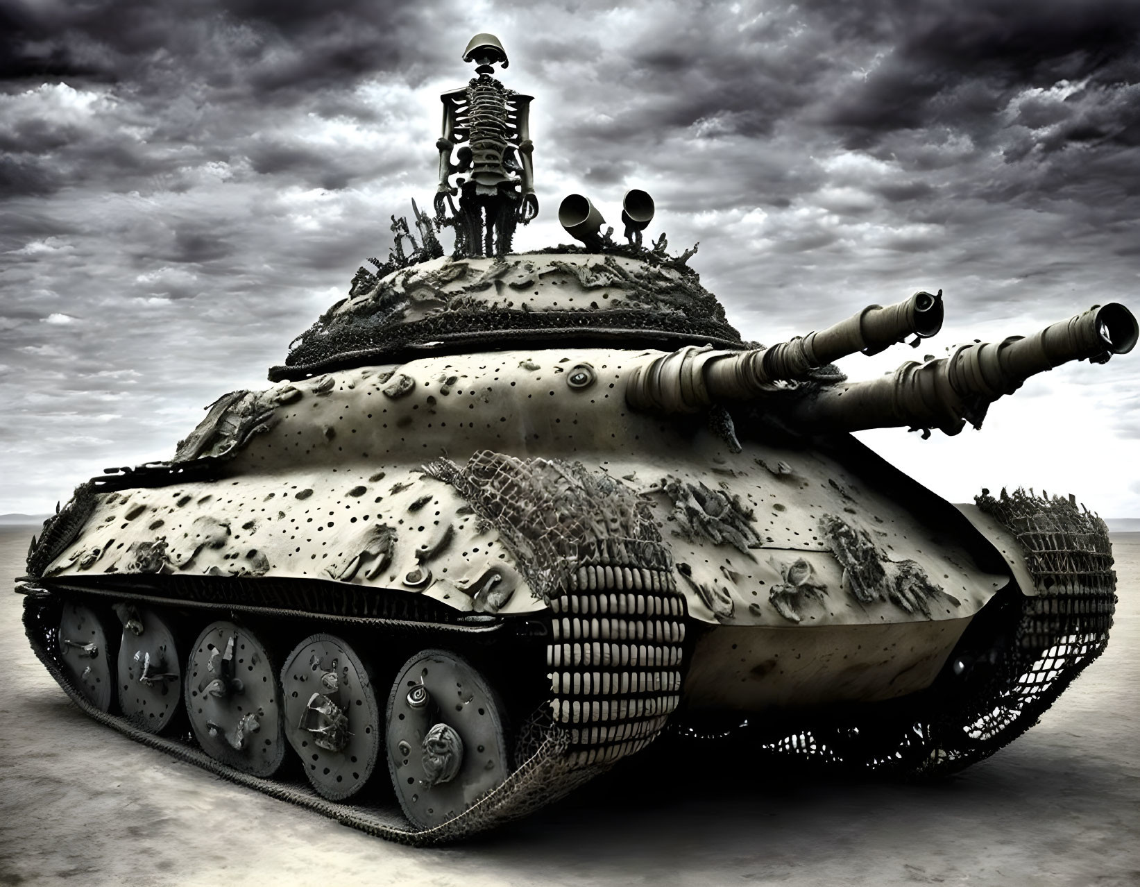 Commander skeleton on weathered tank under dramatic sky