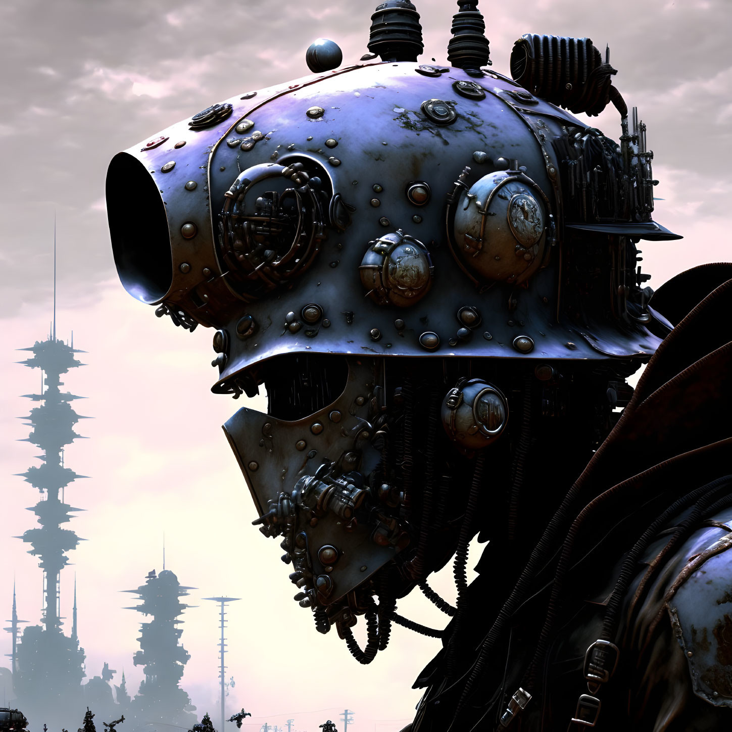 Detailed image: Large mechanical head with futuristic structures and overcast sky