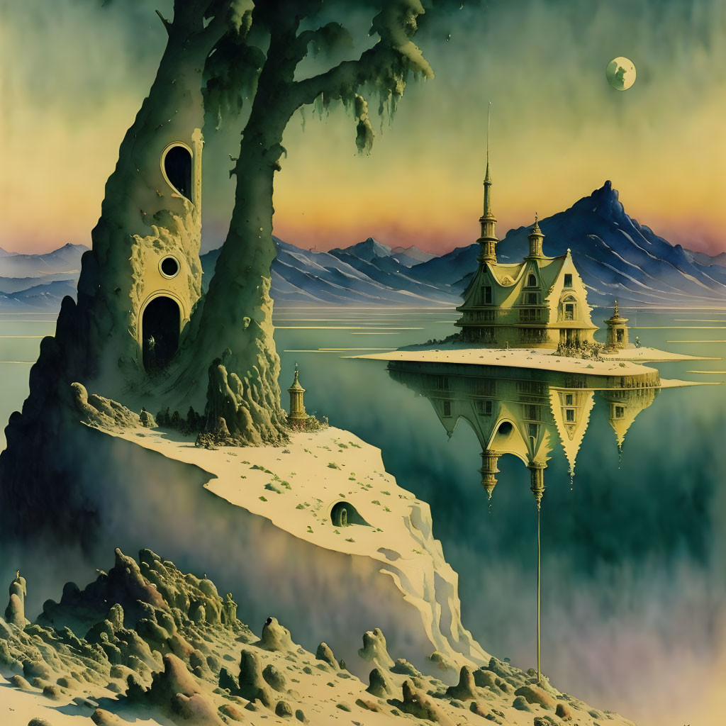 Surreal landscape with floating castle, hollow tree, and twilight mountains