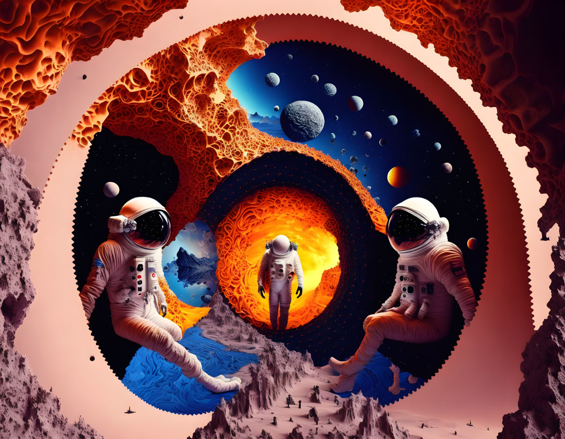 Surreal Space-Themed Artwork: Astronauts, Celestial Bodies, and Vibrant