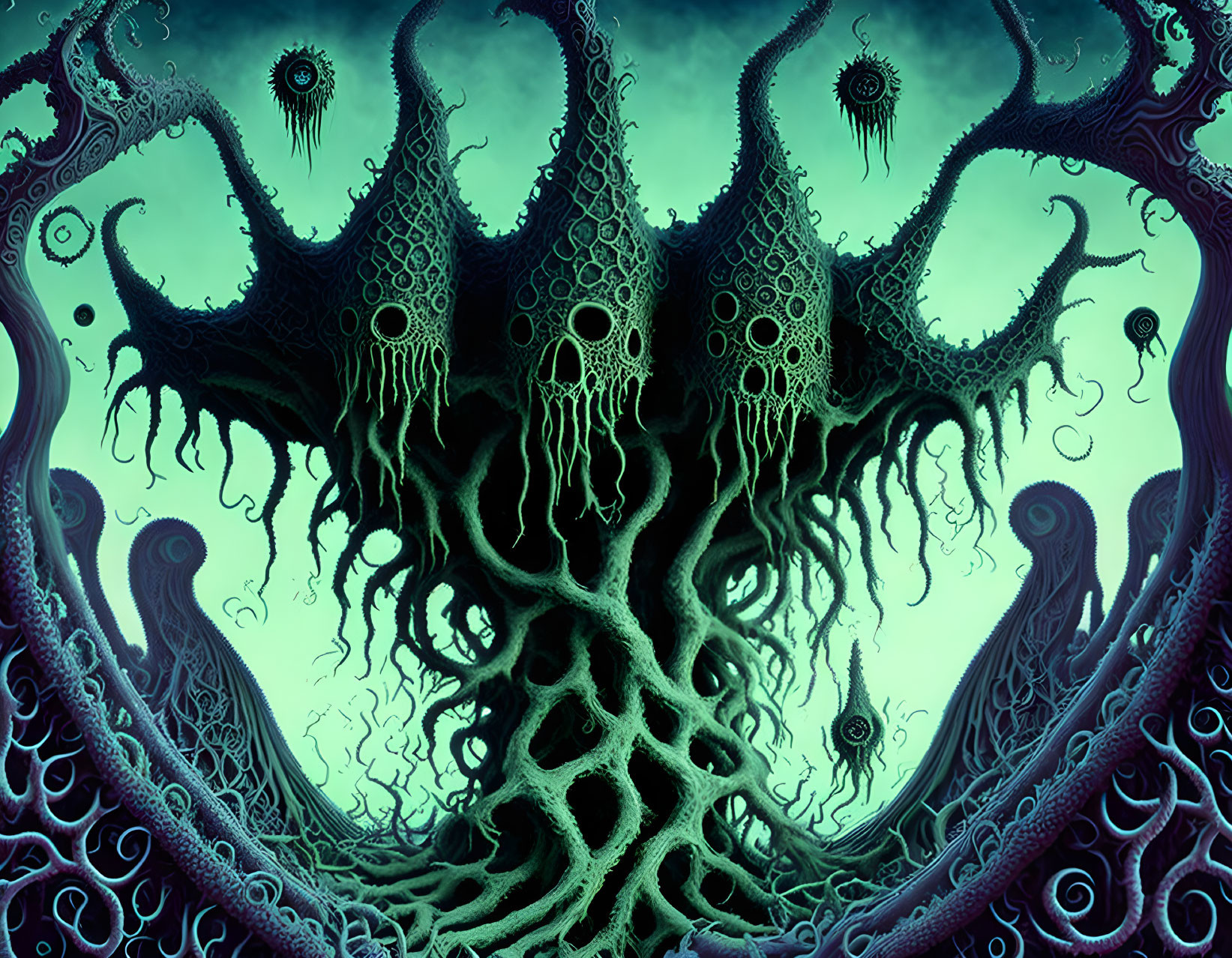 Surreal aquatic-themed illustration with tentacle-like trees and jellyfish