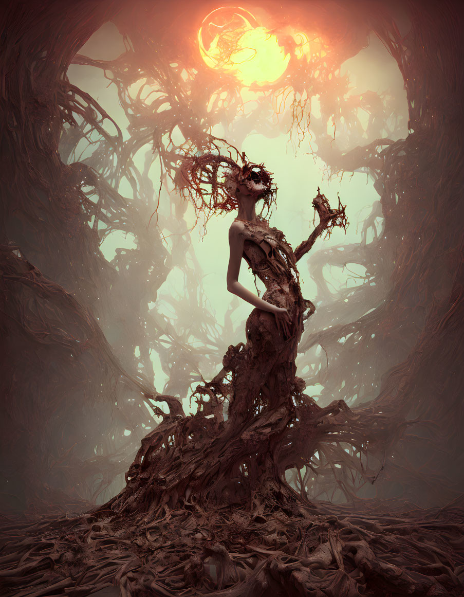 Surreal humanoid merging with tree under red sun in eerie forest