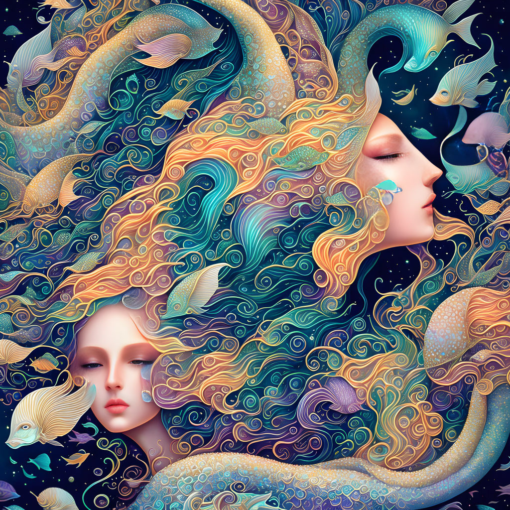 Colorful Art Nouveau-inspired fantasy illustration: Stylized female faces, waves, and fish.