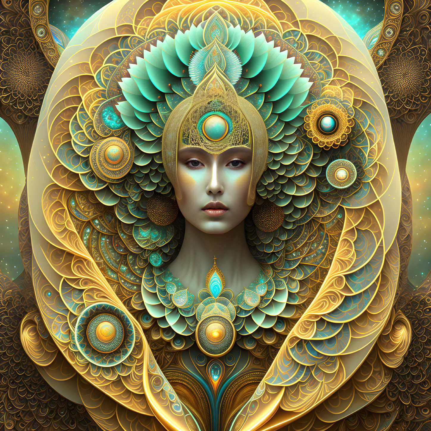 Symmetrical digital artwork with serene figure surrounded by golden floral patterns